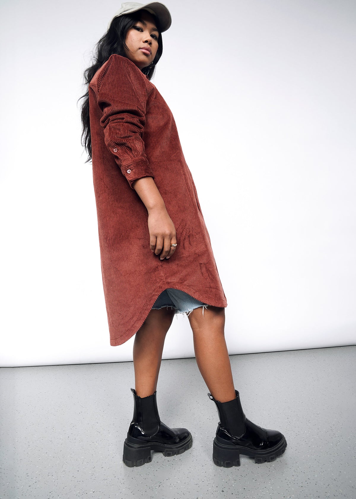 The Essential Corduroy Long Sleeve Shirt Dress in Cinnamon
