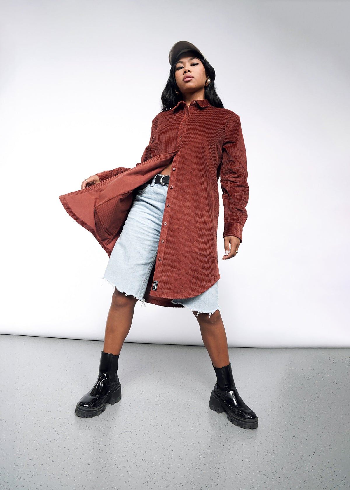 The Essential Corduroy Long Sleeve Shirt Dress in Cinnamon