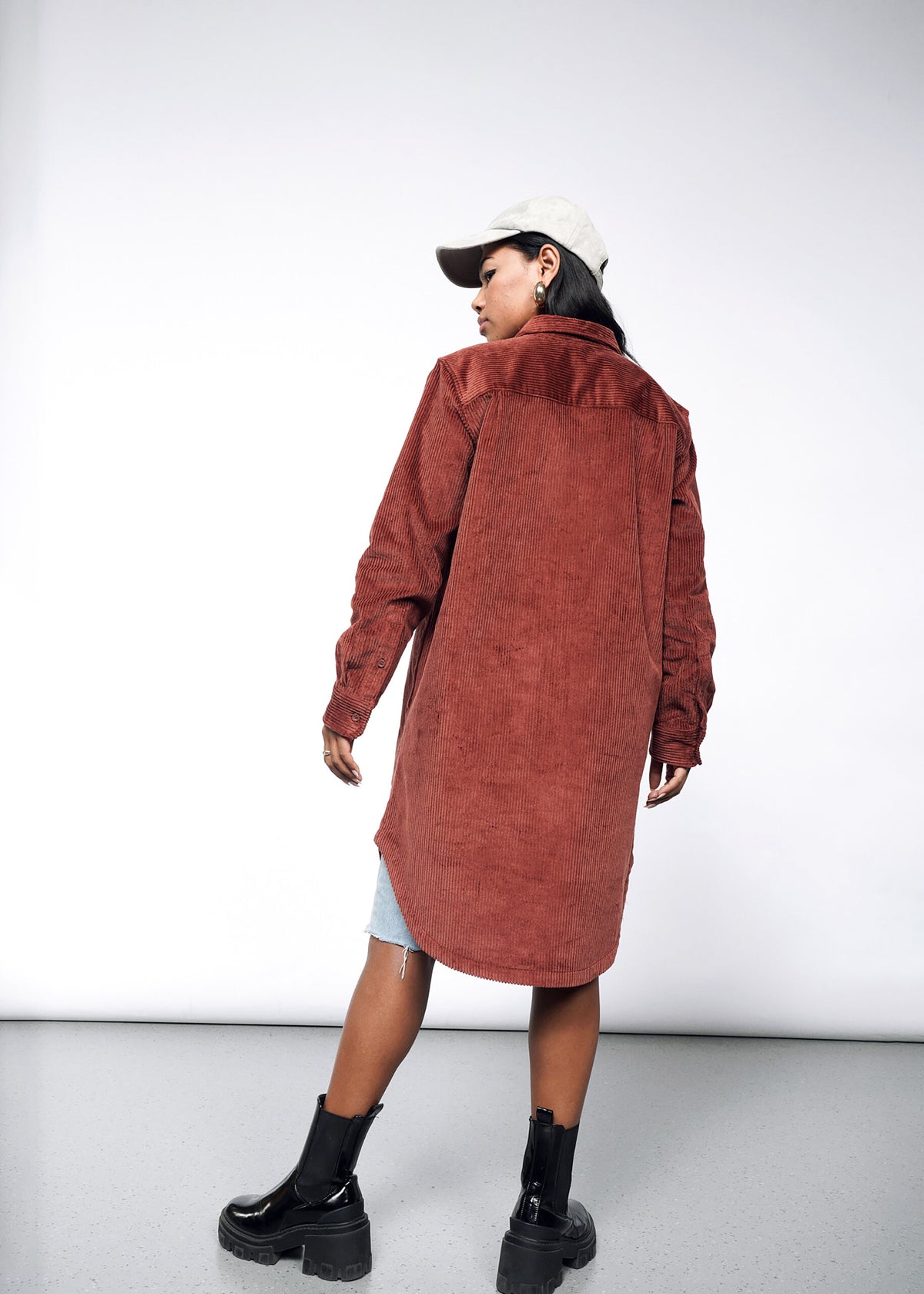 The Essential Corduroy Long Sleeve Shirt Dress in Cinnamon