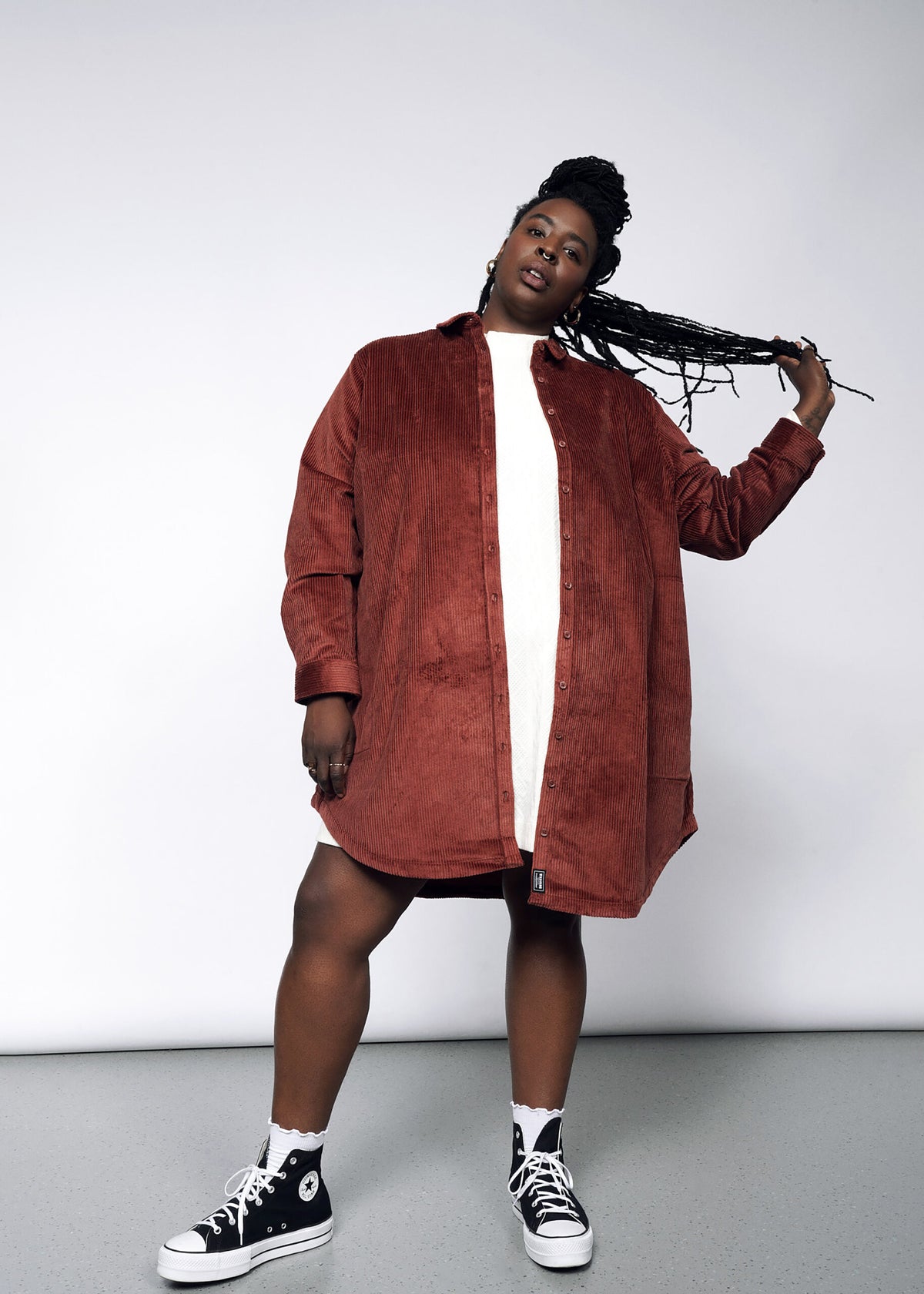 The Essential Corduroy Long Sleeve Shirt Dress in Cinnamon