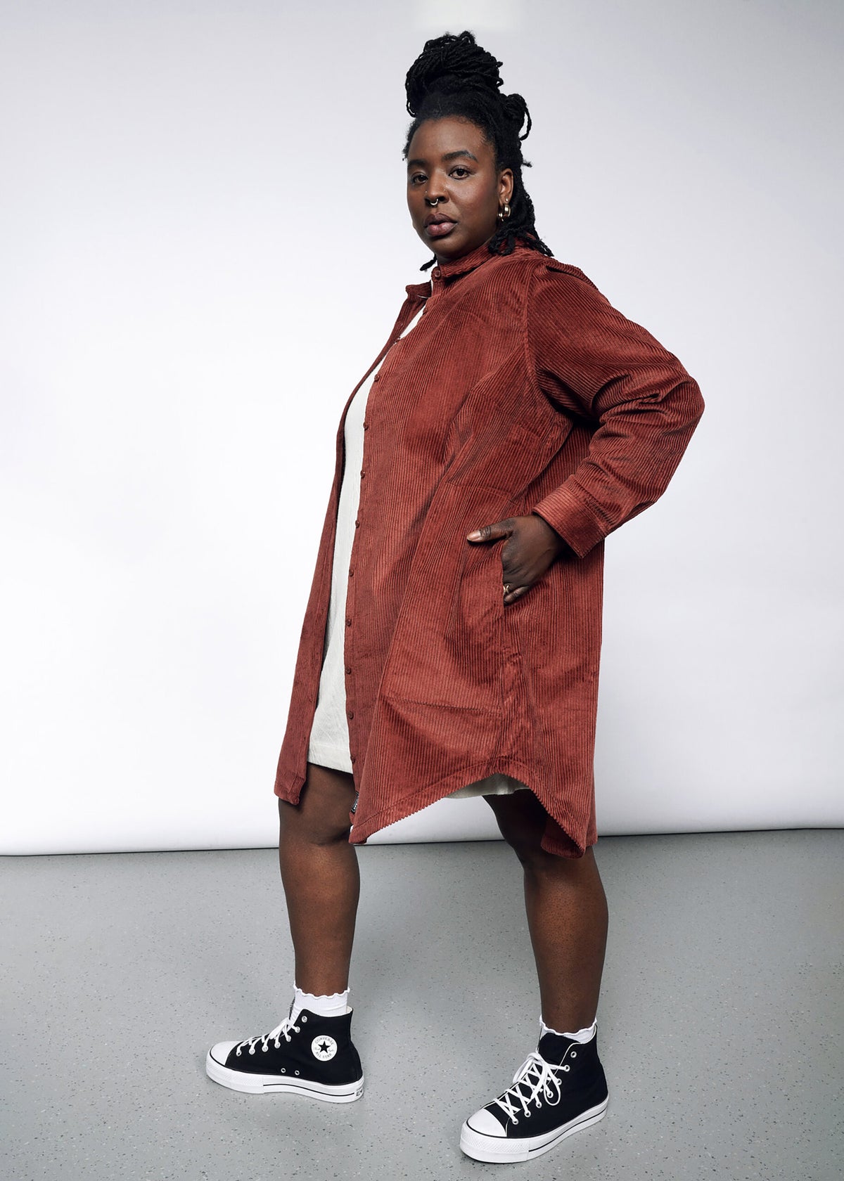The Essential Corduroy Long Sleeve Shirt Dress in Cinnamon