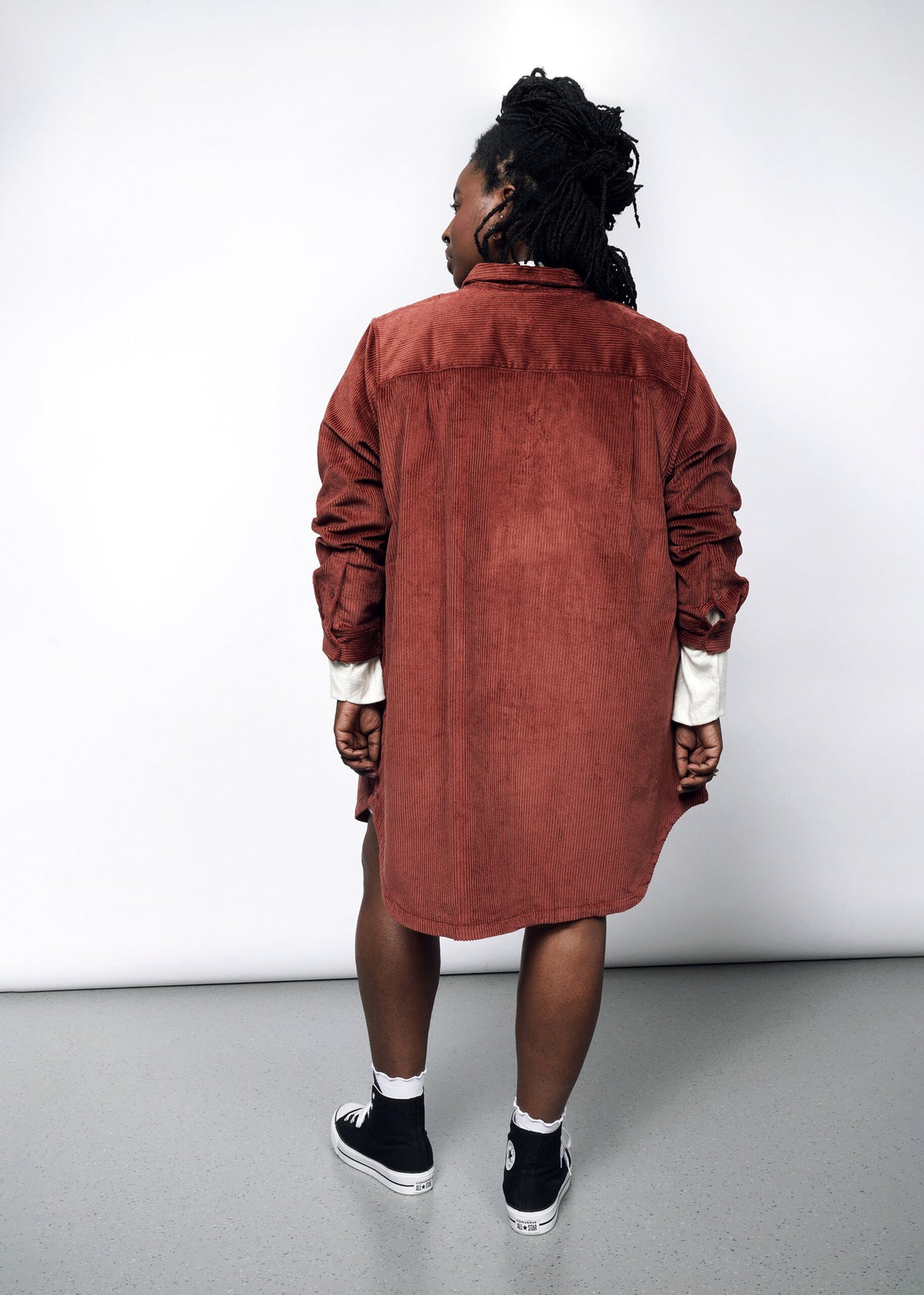 The Essential Corduroy Long Sleeve Shirt Dress in Cinnamon