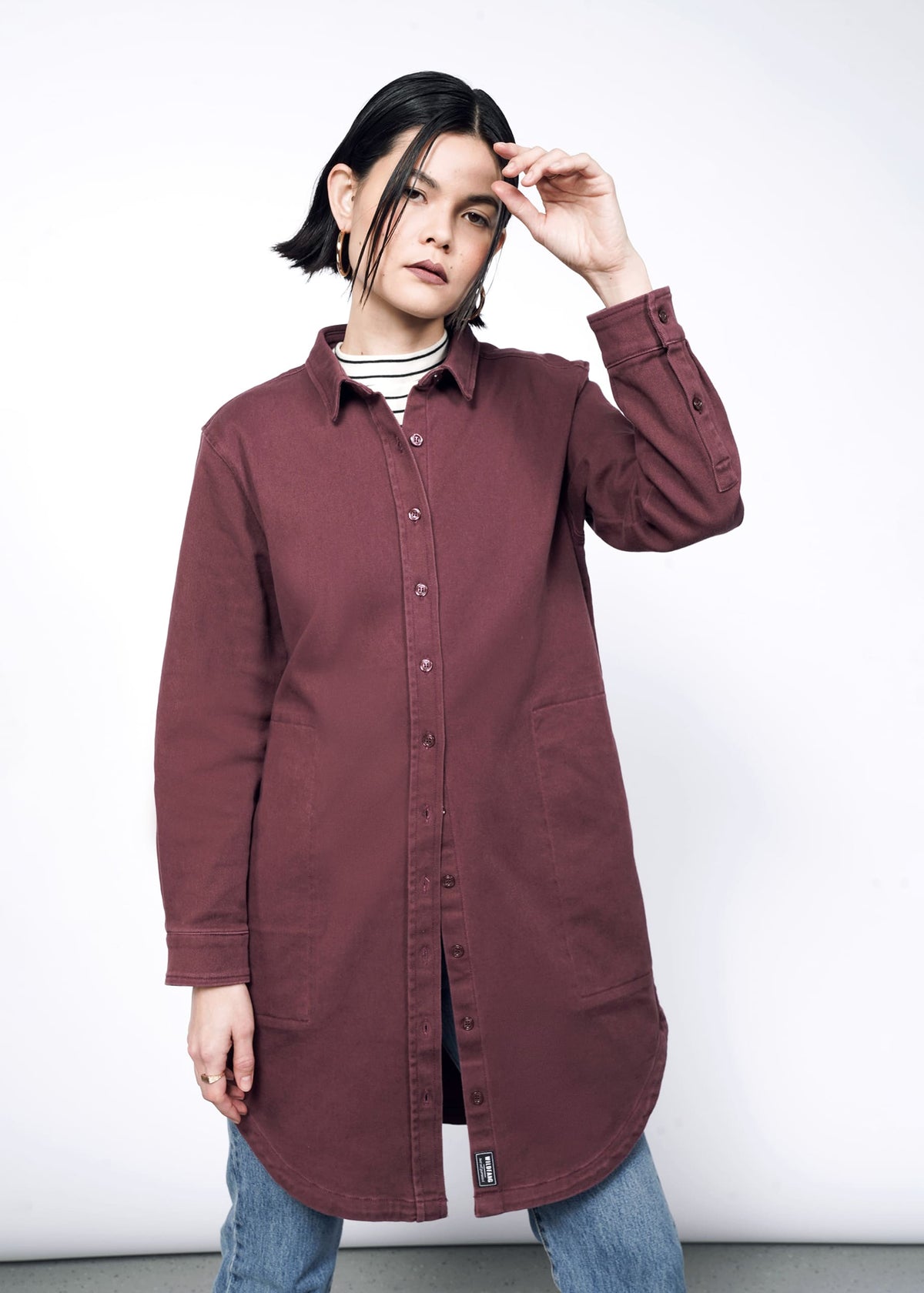 The Essential Denim Long Sleeve Shirt Dress in Merlot