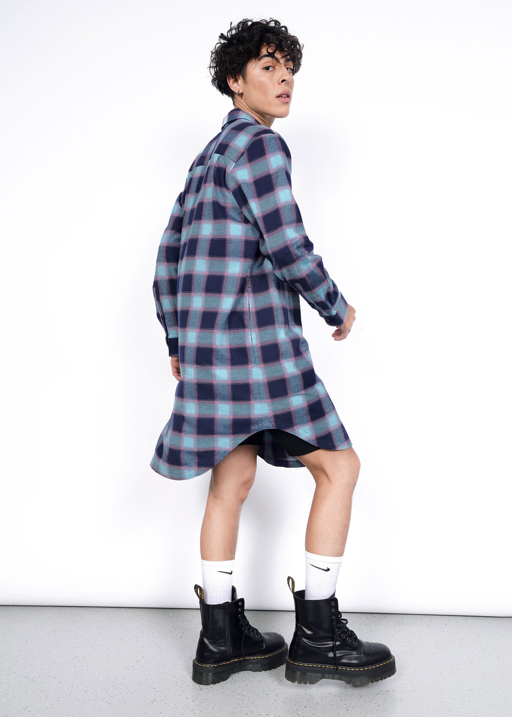 The Essential Flannel Long Sleeve Shirt Dress in Navy
