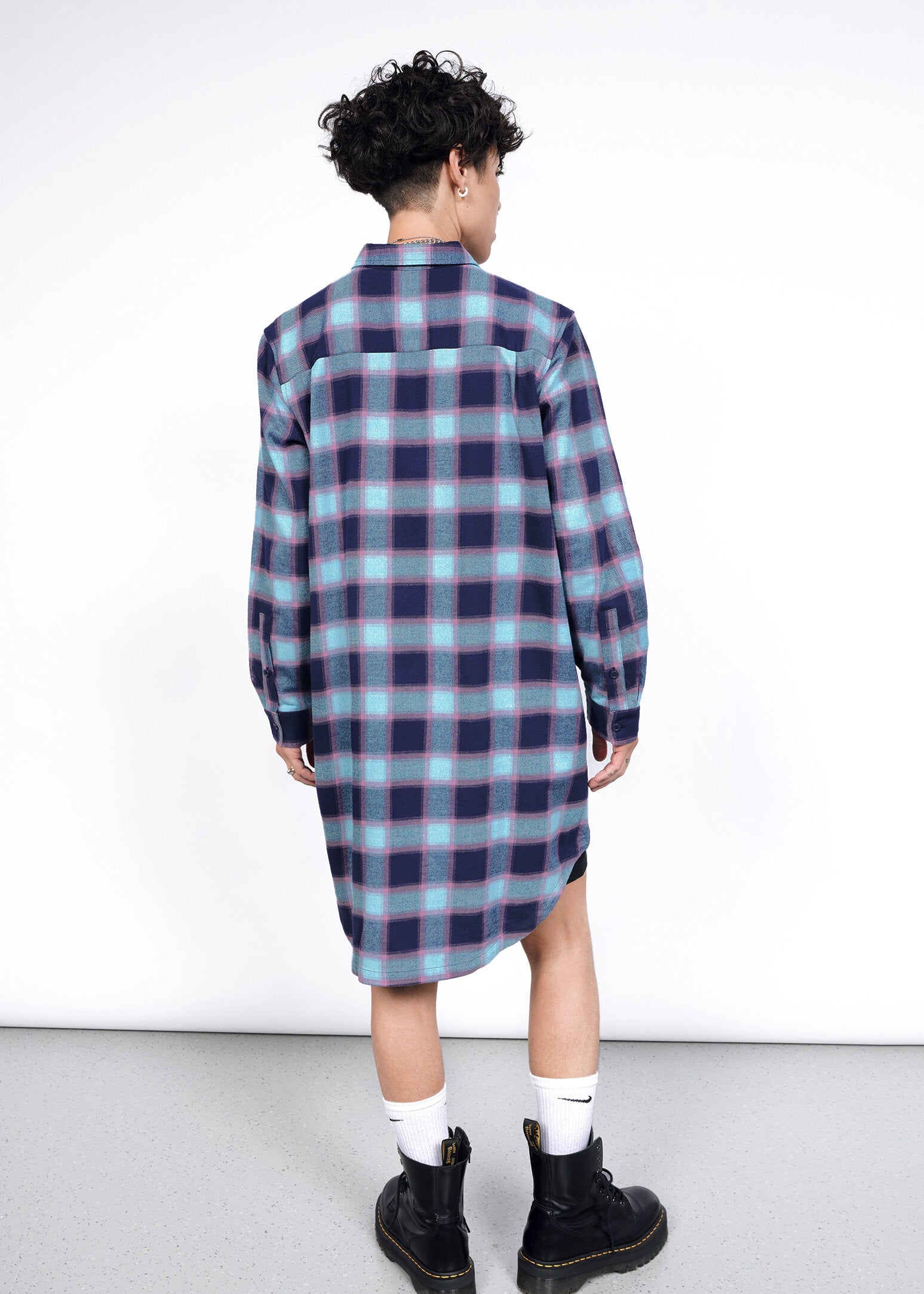 The Essential Flannel Long Sleeve Shirt Dress in Navy