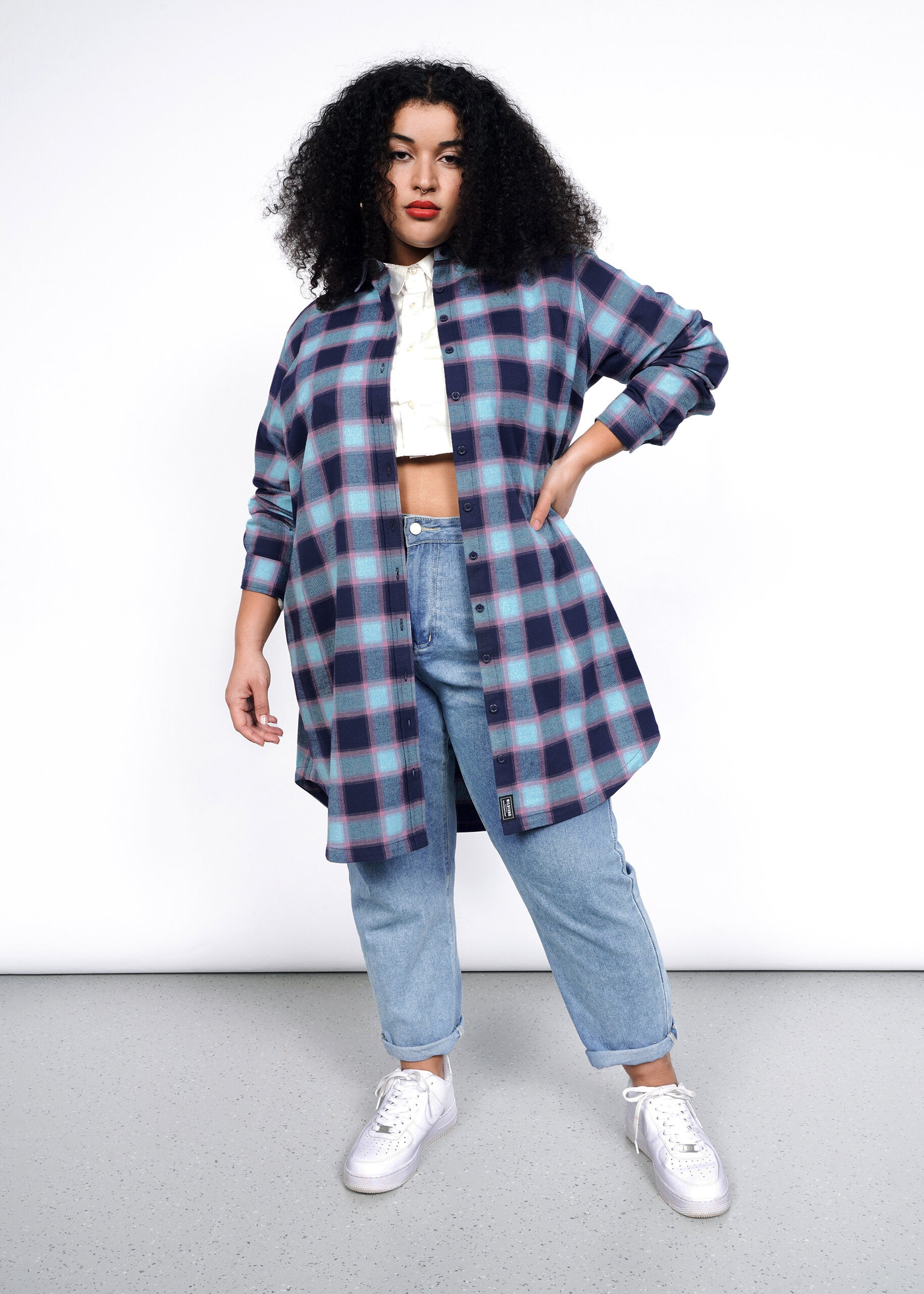 The Essential Flannel Long Sleeve Shirt Dress in Navy