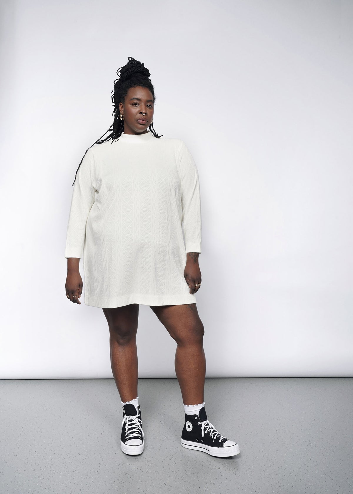 The Essential Knit Long Sleeve Mock Neck Dress in White