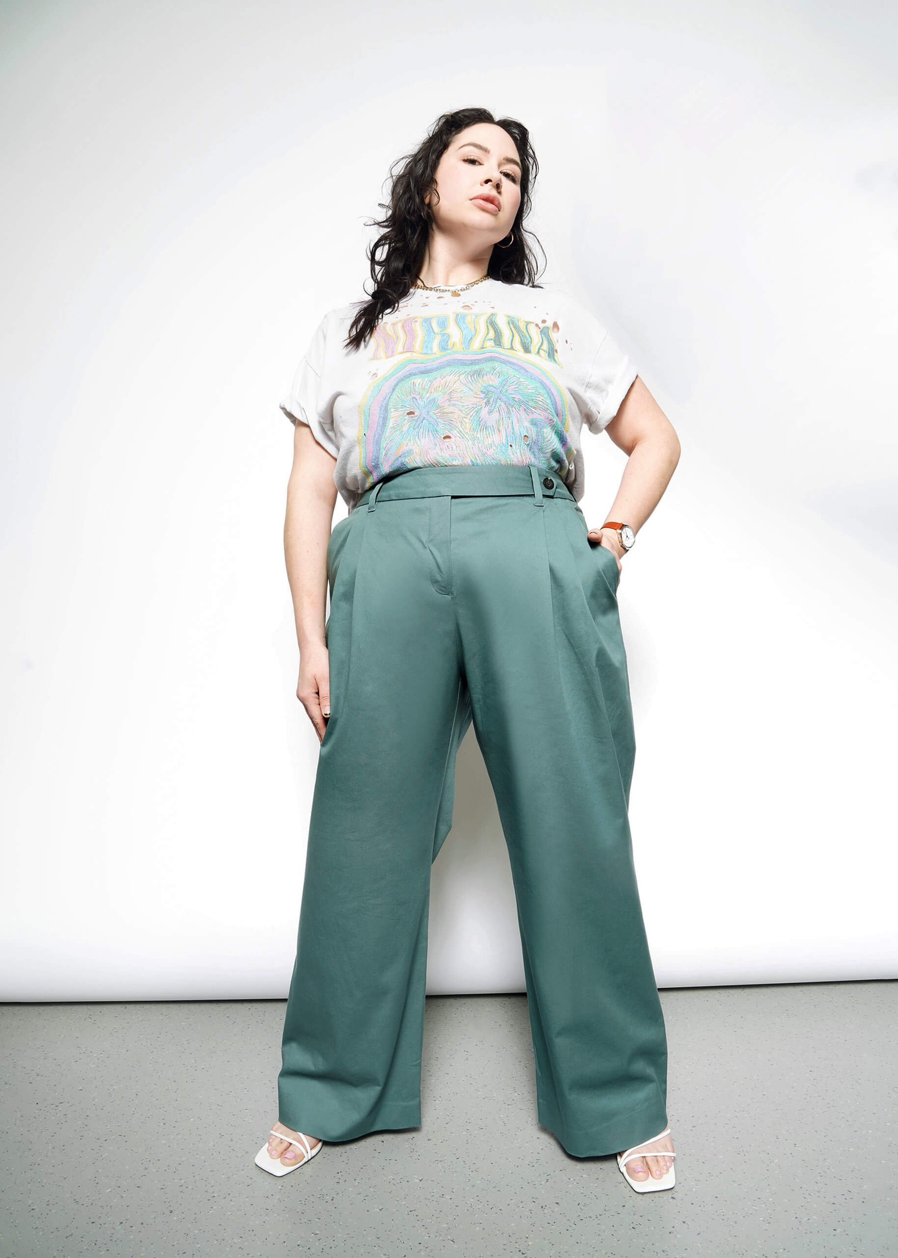 Front full body view of extended sizing model in Wildfang Essential Wide Leg Trouser in Dark Teal