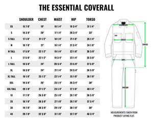 Size chart table on white background. Title reads THE ESSENTIAL COVERALL. Table shows measurements for shoulder, chest, waist, hip, and torso for sizes XS-4X including tall sizes. On right of chart is drawing of coverall displaying where measurements are. Underneath text reads MEASUREMENTS TAKEN FROM PRODUCT LAYING FLAT.