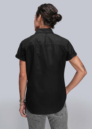 S=Person wearing a black short-sleeve shirt on a gray background