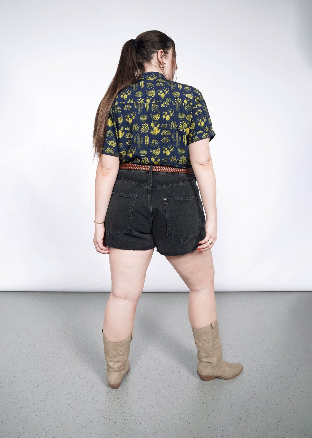Back shot of The Empower Button Up in Blue Cactus Dijon