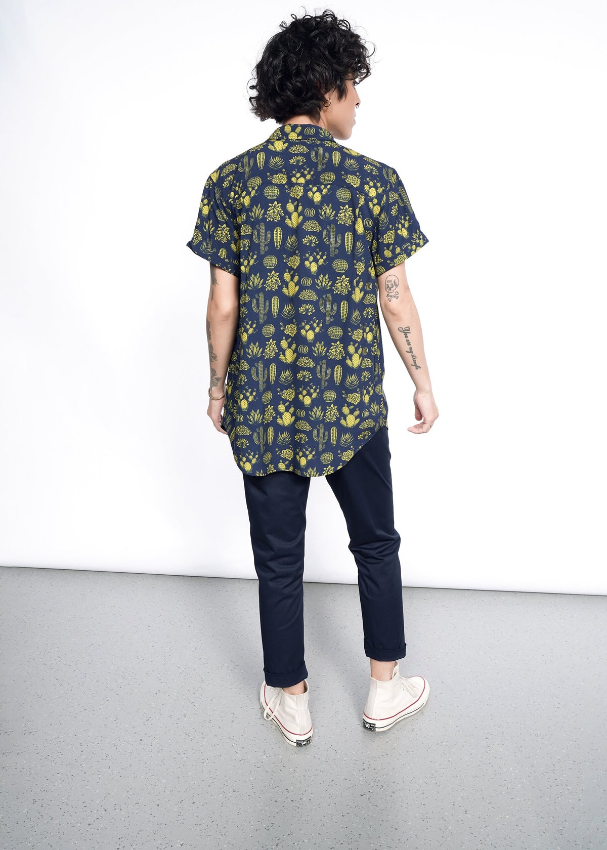 Back shot of The Empower Button Up in Blue Cactus Dijon