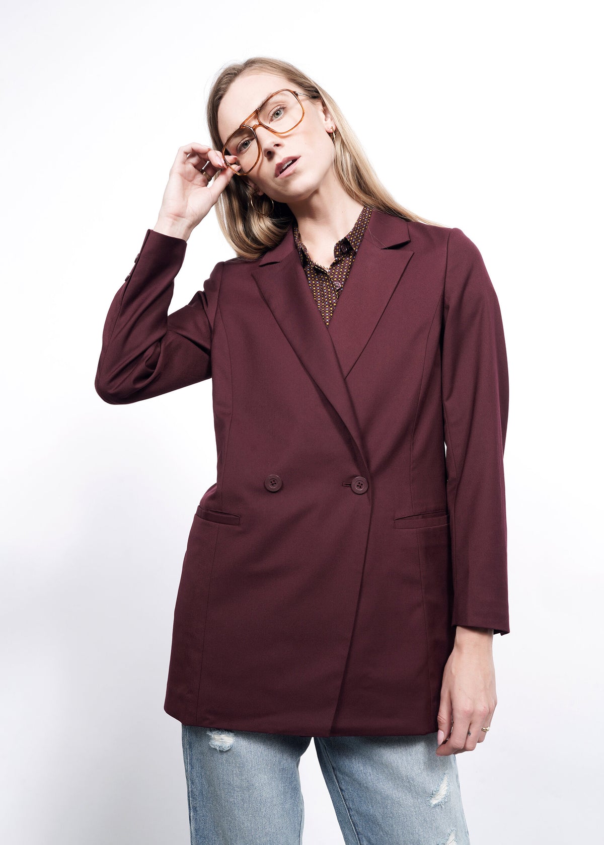 The Empower Double Breasted Blazer in Merlot