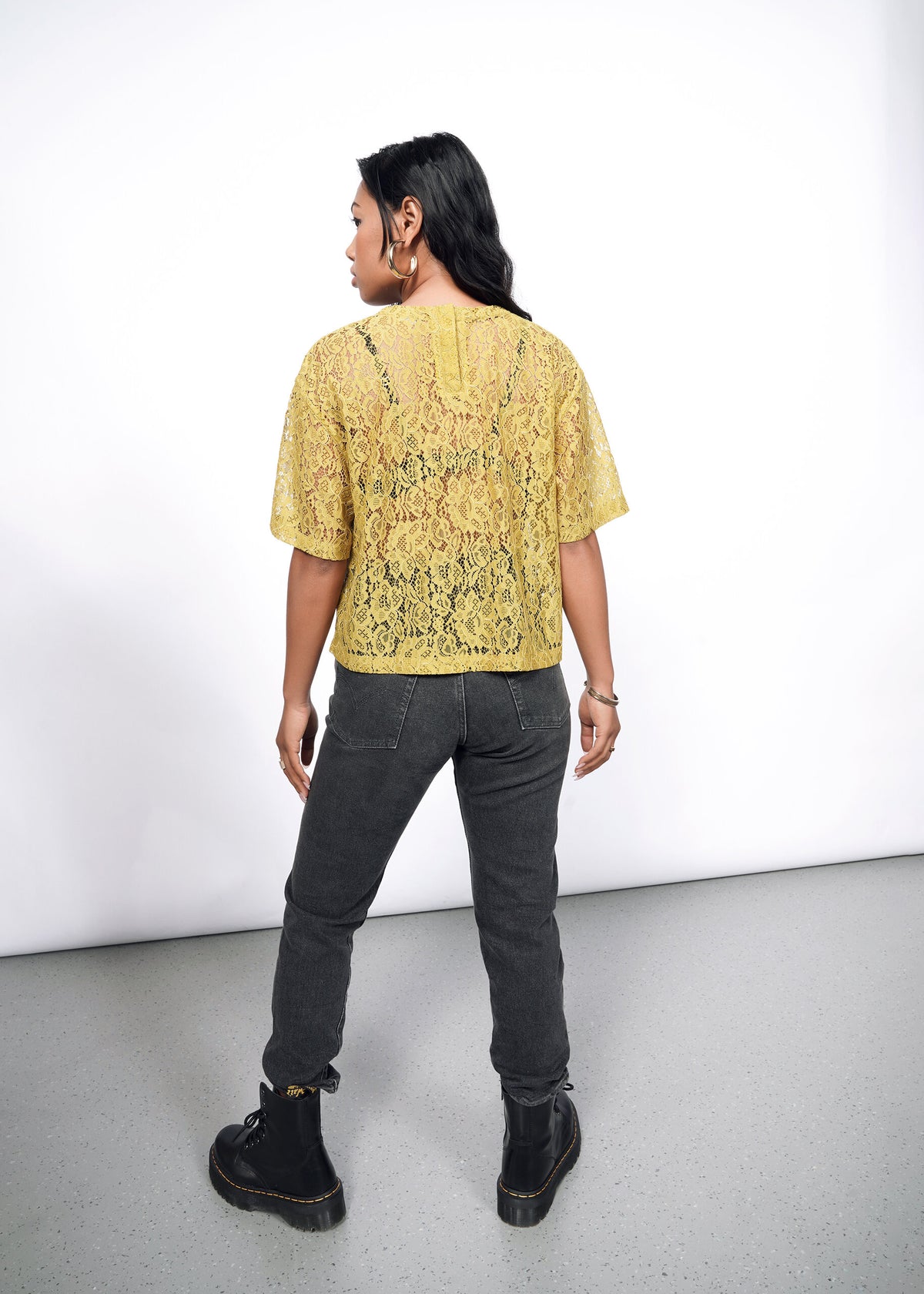 Model wearing The Empower Lace Boxy Blouse in Dijon