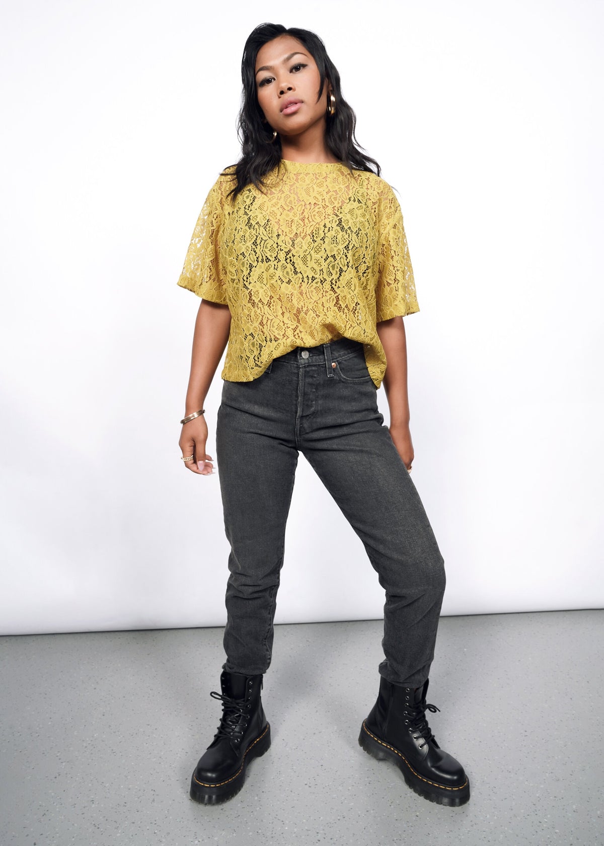 Model wearing The Empower Lace Boxy Blouse in Dijon