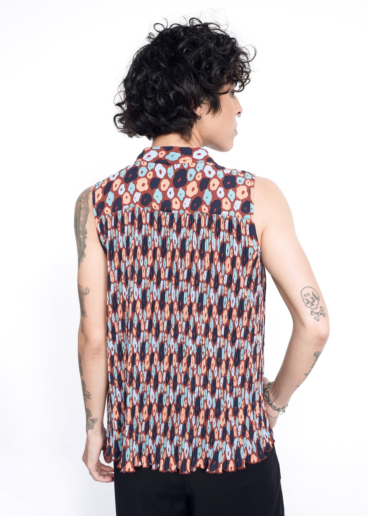 Back shot of The Empower Plisse Sleeveless Button Up