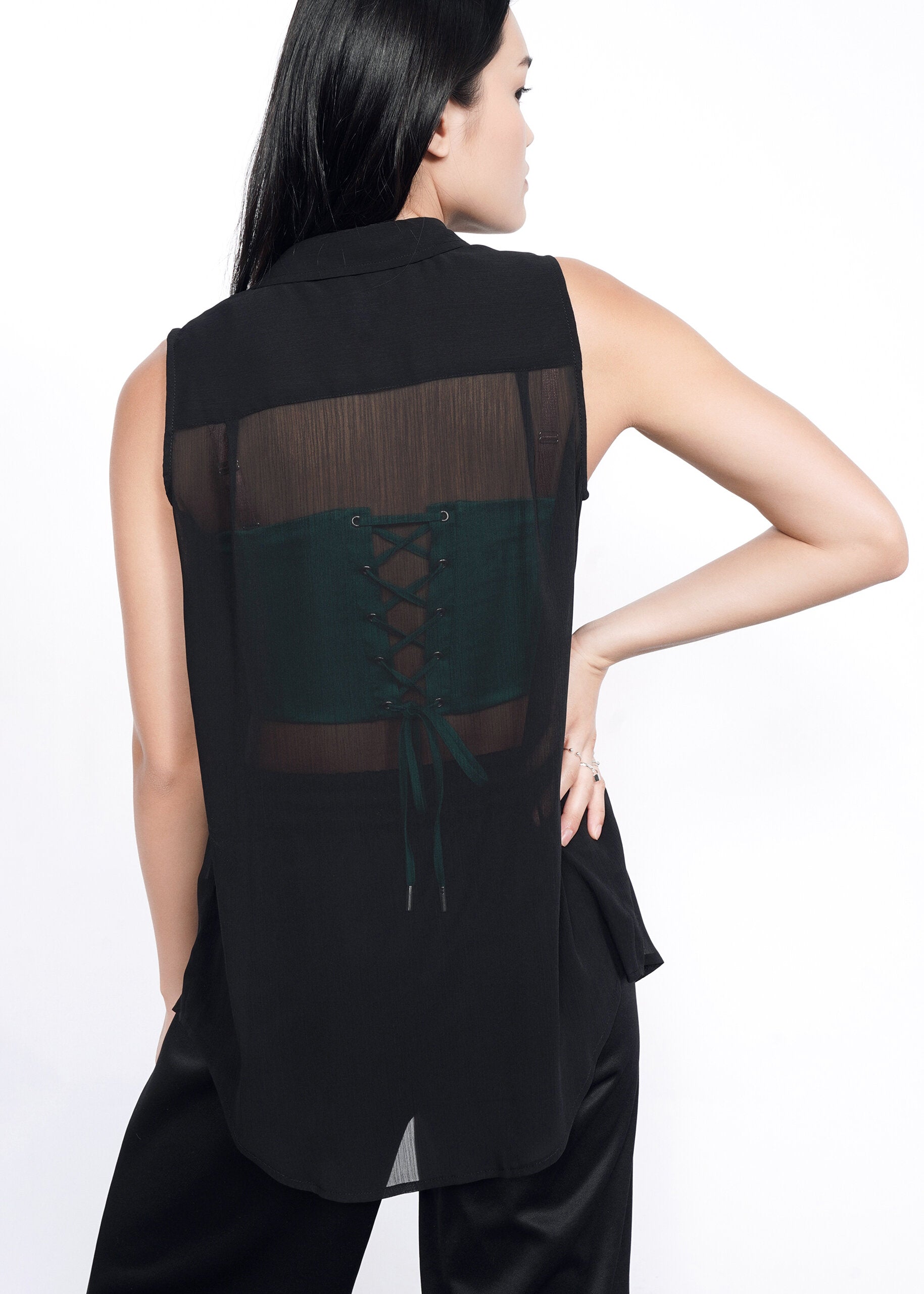 Back shot of The Empower Sheer Sleeveless Button Up in Black