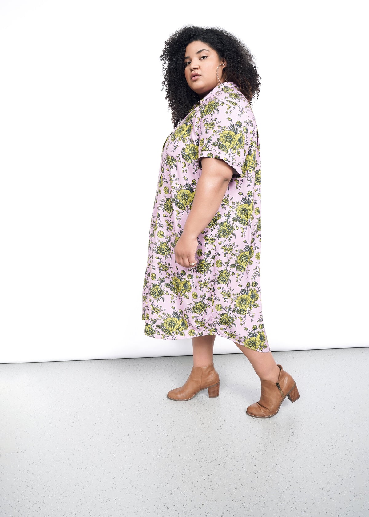 Side shot of The Empower Shirt Dress in Romantic Floral Mauve