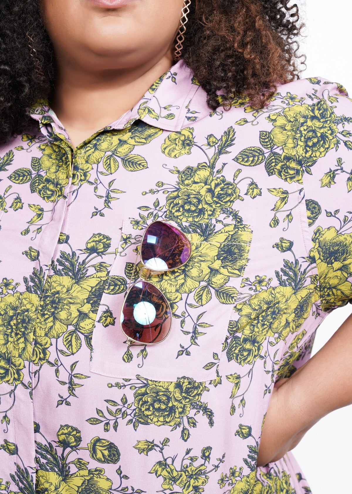 Closeup of The Empower Shirt Dress in Romantic Floral Mauve