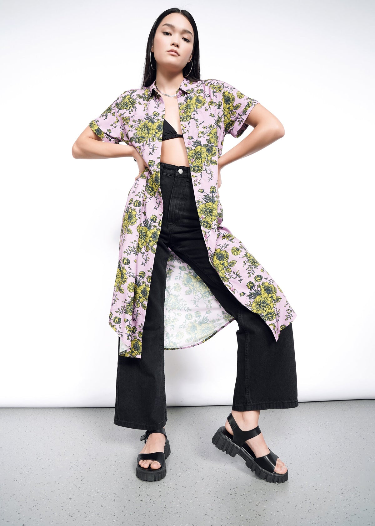Model wearing The Empower Shirt Dress in Romantic Floral Mauve