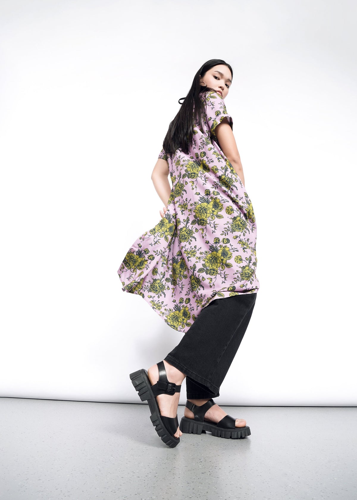 Back shot of The Empower Shirt Dress in Romantic Floral Mauve