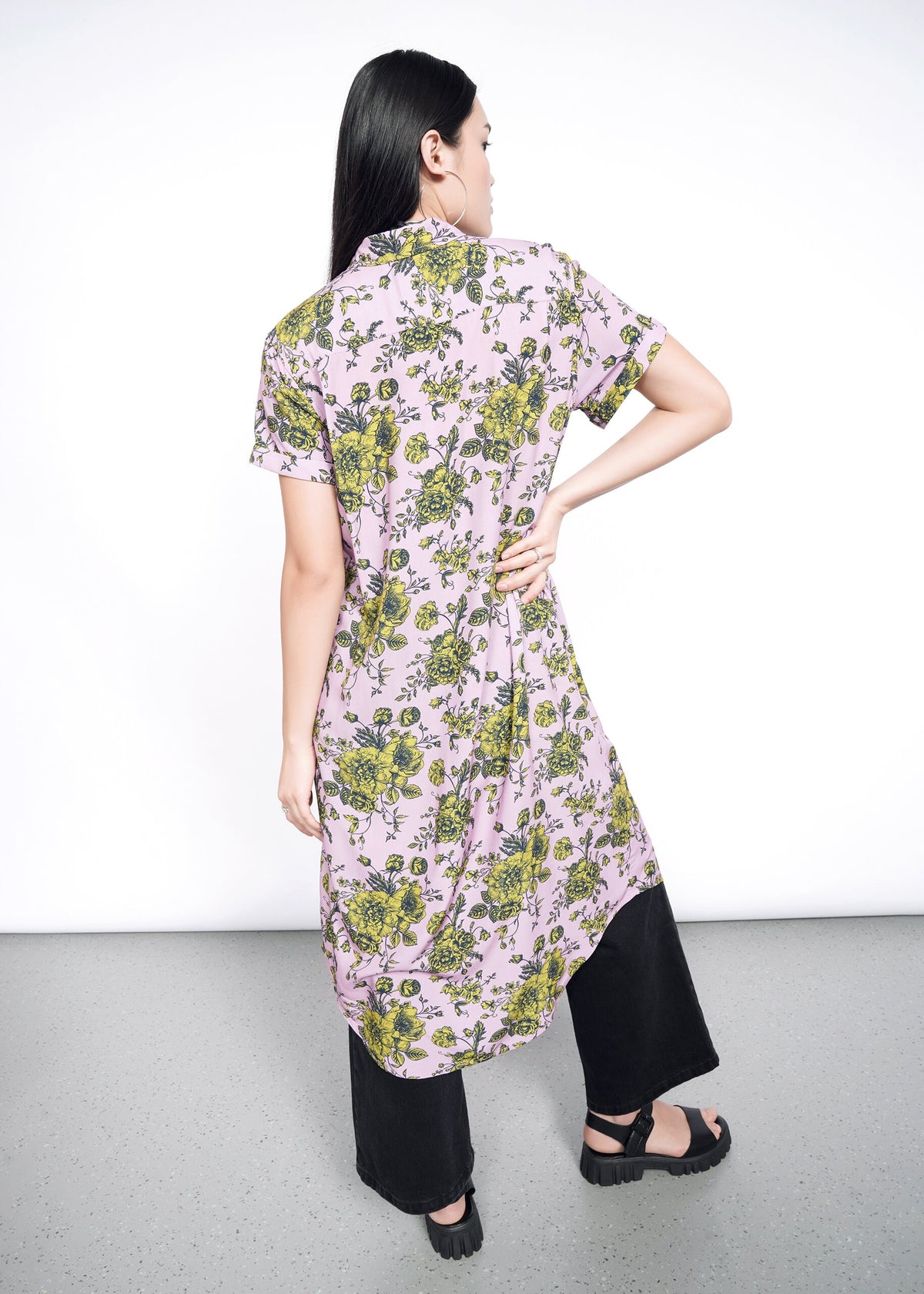 Back shot of The Empower Shirt Dress in Romantic Floral Mauve