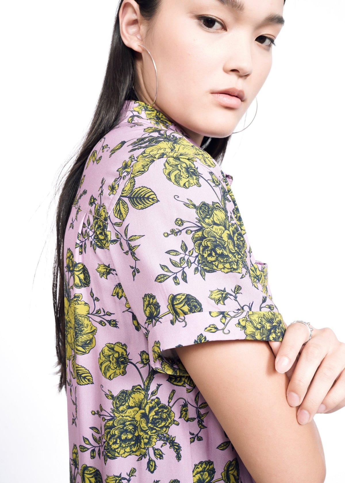 Closeup of The Empower Shirt Dress in Romantic Floral Mauve