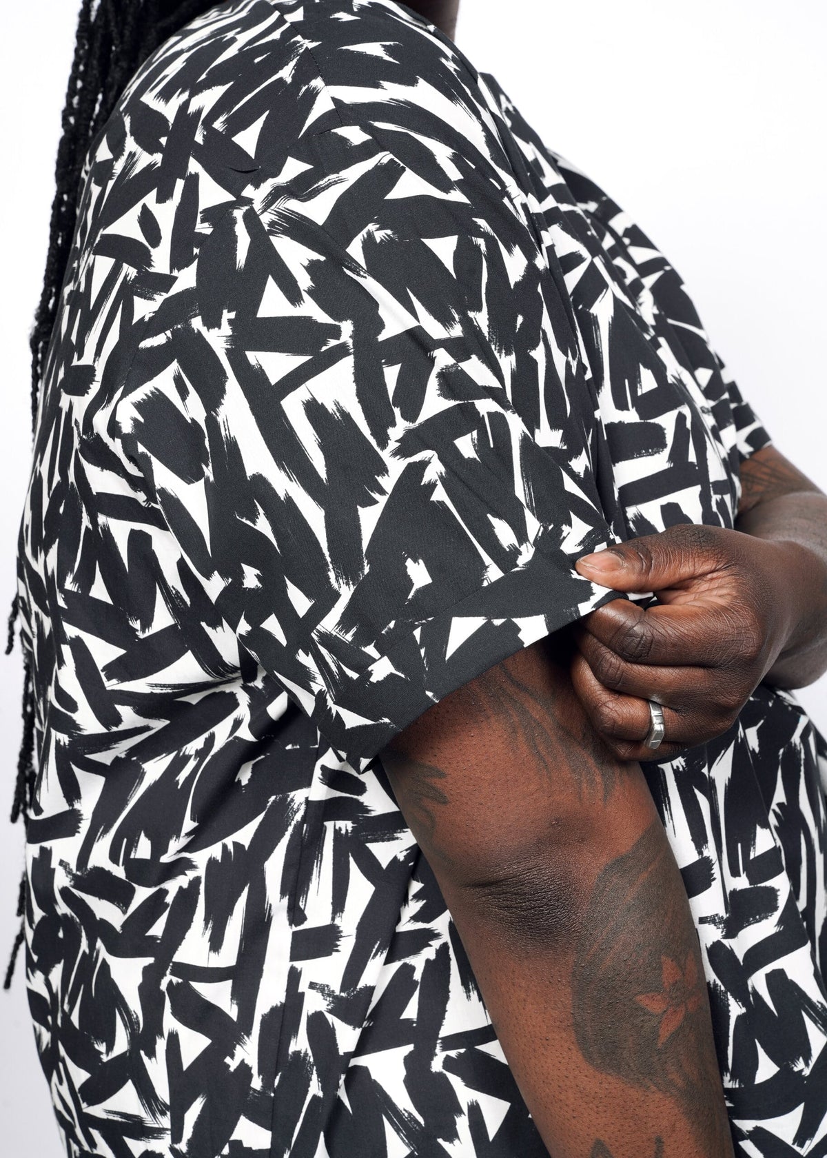 Model wearing The Essential Boxy Top in Paint Stroke White