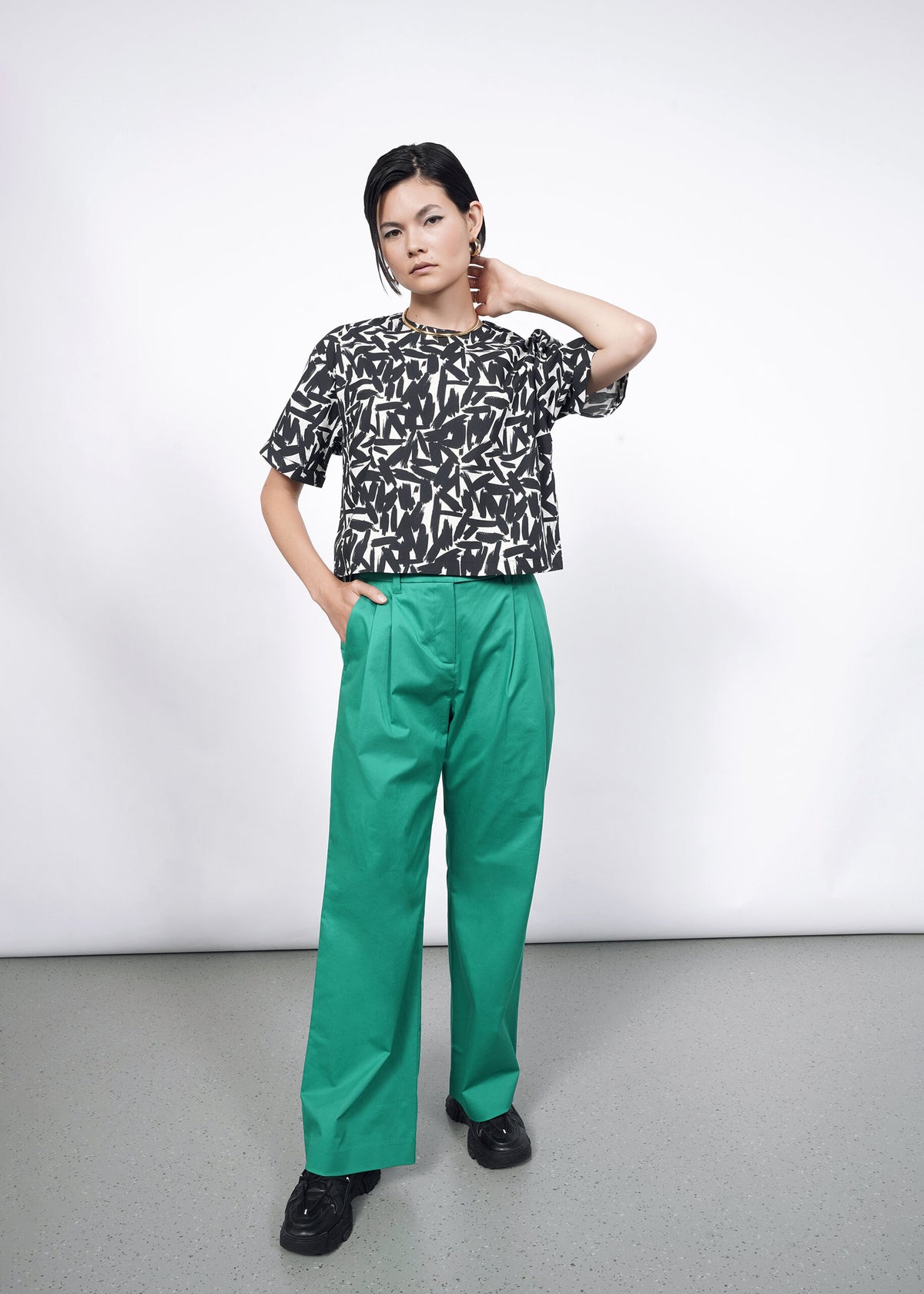 Model wearing The Essential Boxy Top in Paint Stroke White