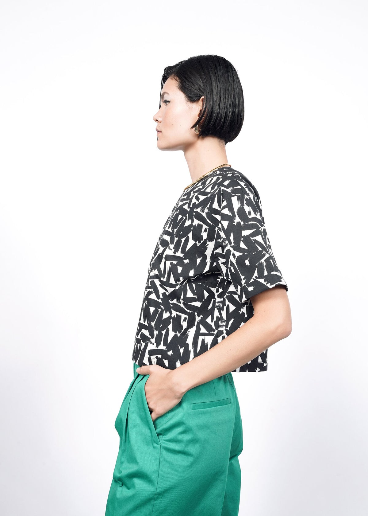 Model wearing The Essential Boxy Top in Paint Stroke White