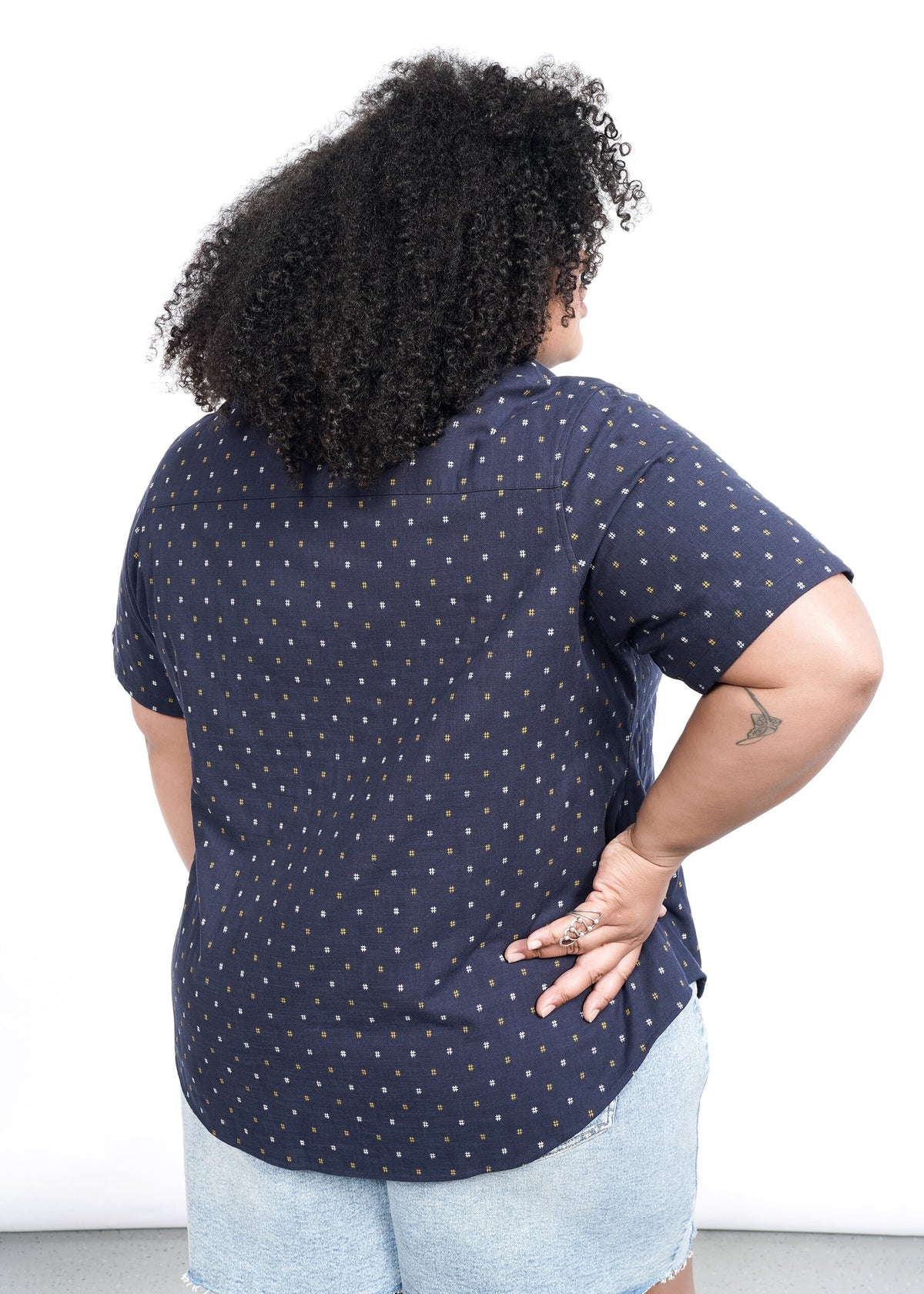 Model wearing The Essential Button Up in Hashtag Navy