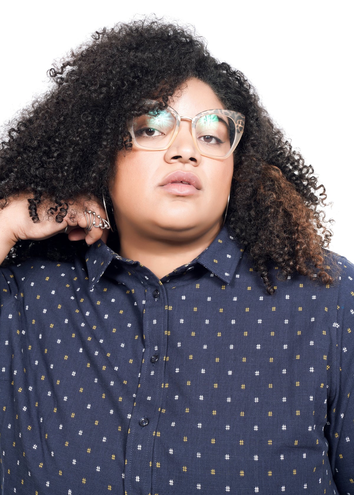 Model wearing The Essential Button Up in Hashtag Navy