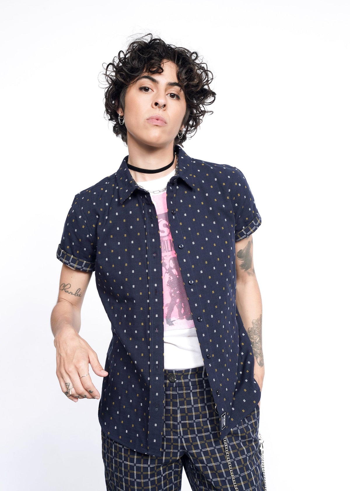 Model wearing The Essential Button Up in Hashtag Navy