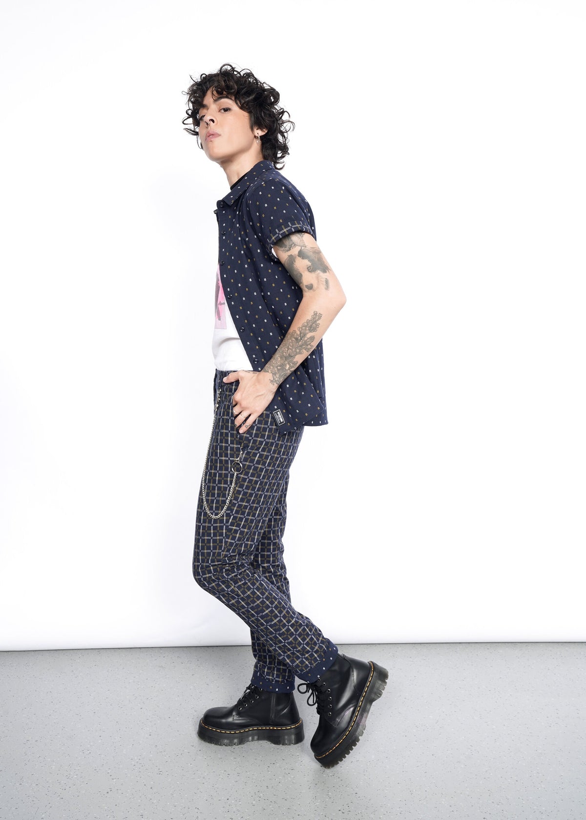 Model wearing The Essential Button Up in Hashtag Navy