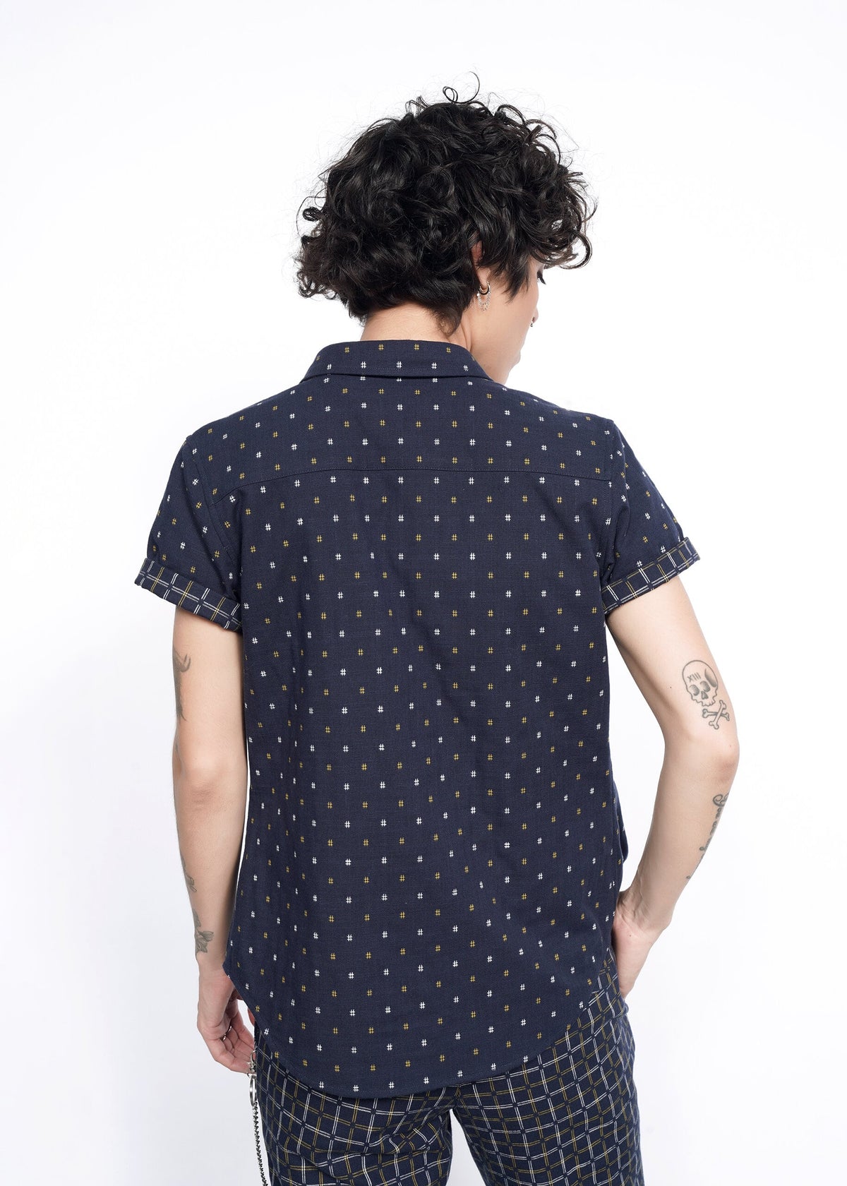 Model wearing The Essential Button Up in Hashtag Navy
