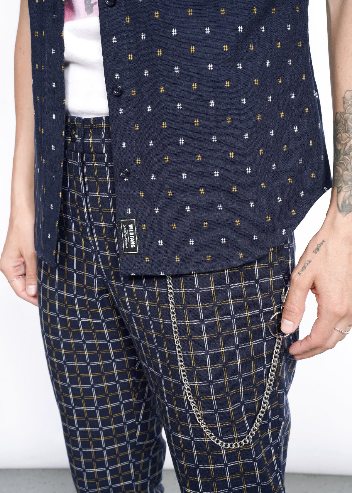 Model wearing The Essential Button Up in Hashtag Navy