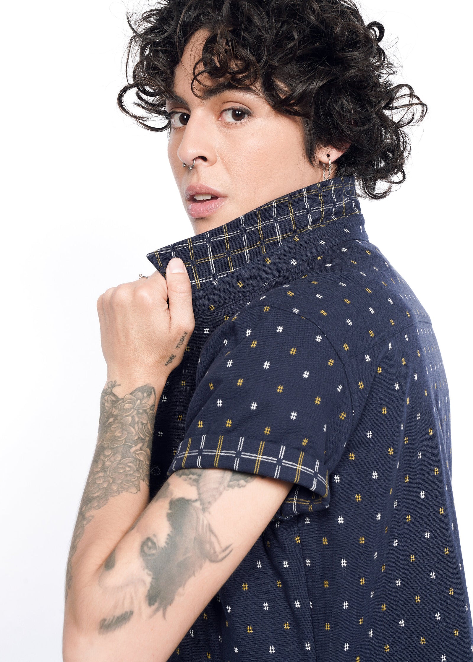 Model wearing The Essential Button Up in Hashtag Navy