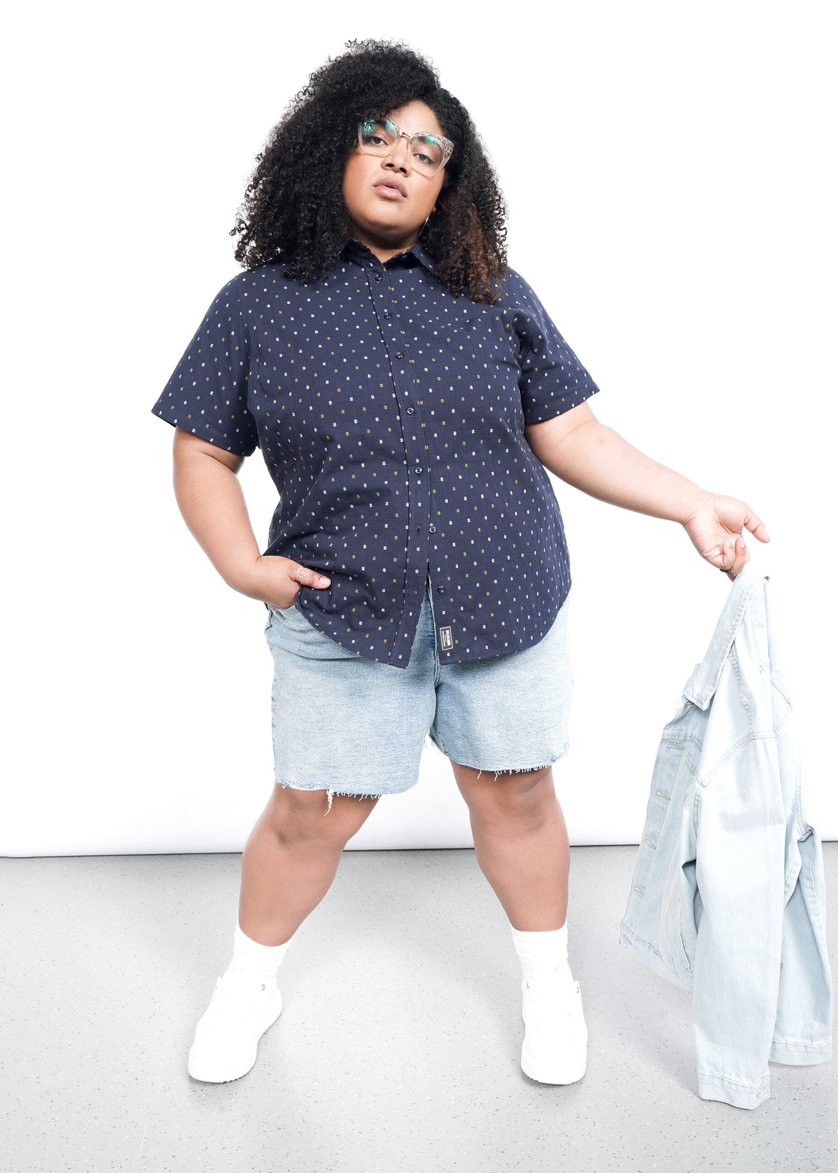 Model wearing The Essential Button Up in Hashtag Navy
