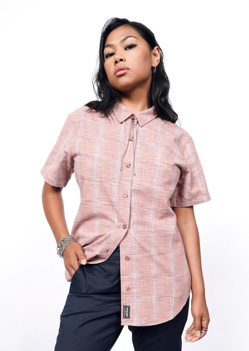 Model wearing The Essential Button Up in Cross Hatch Periwinkle