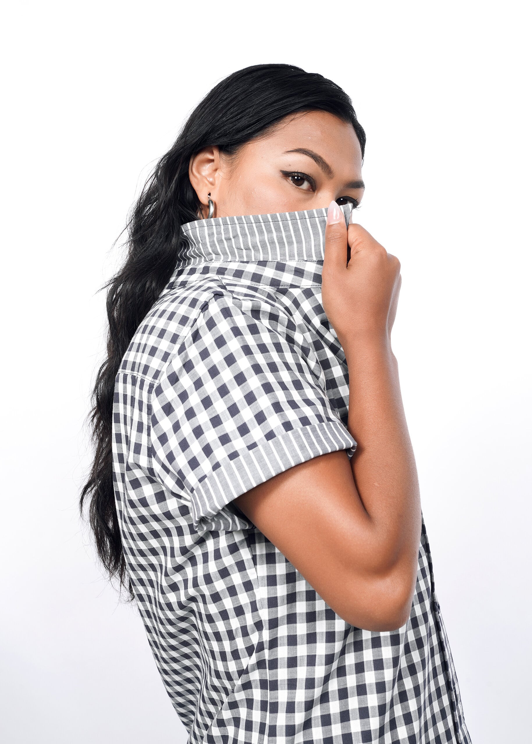 Model wearing The Essential Gingham Button Up in Check Navy