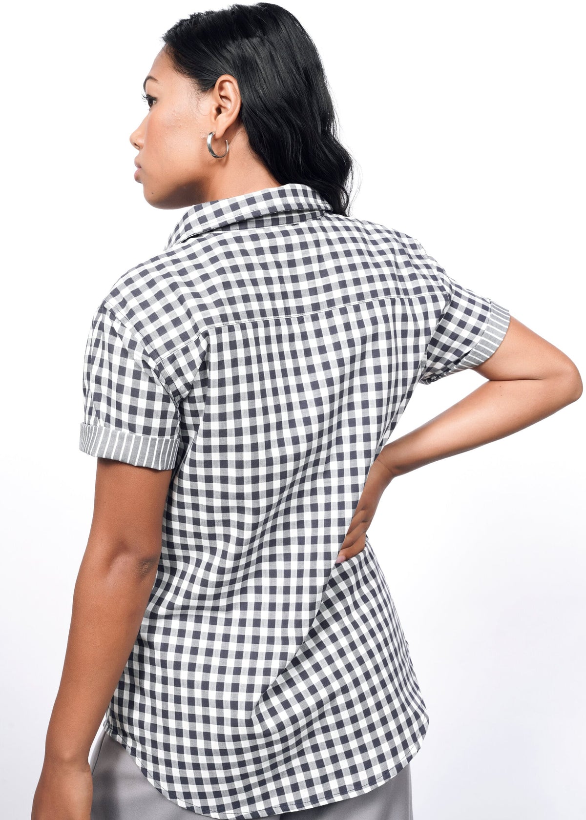 Model wearing The Essential Gingham Button Up in Check Navy
