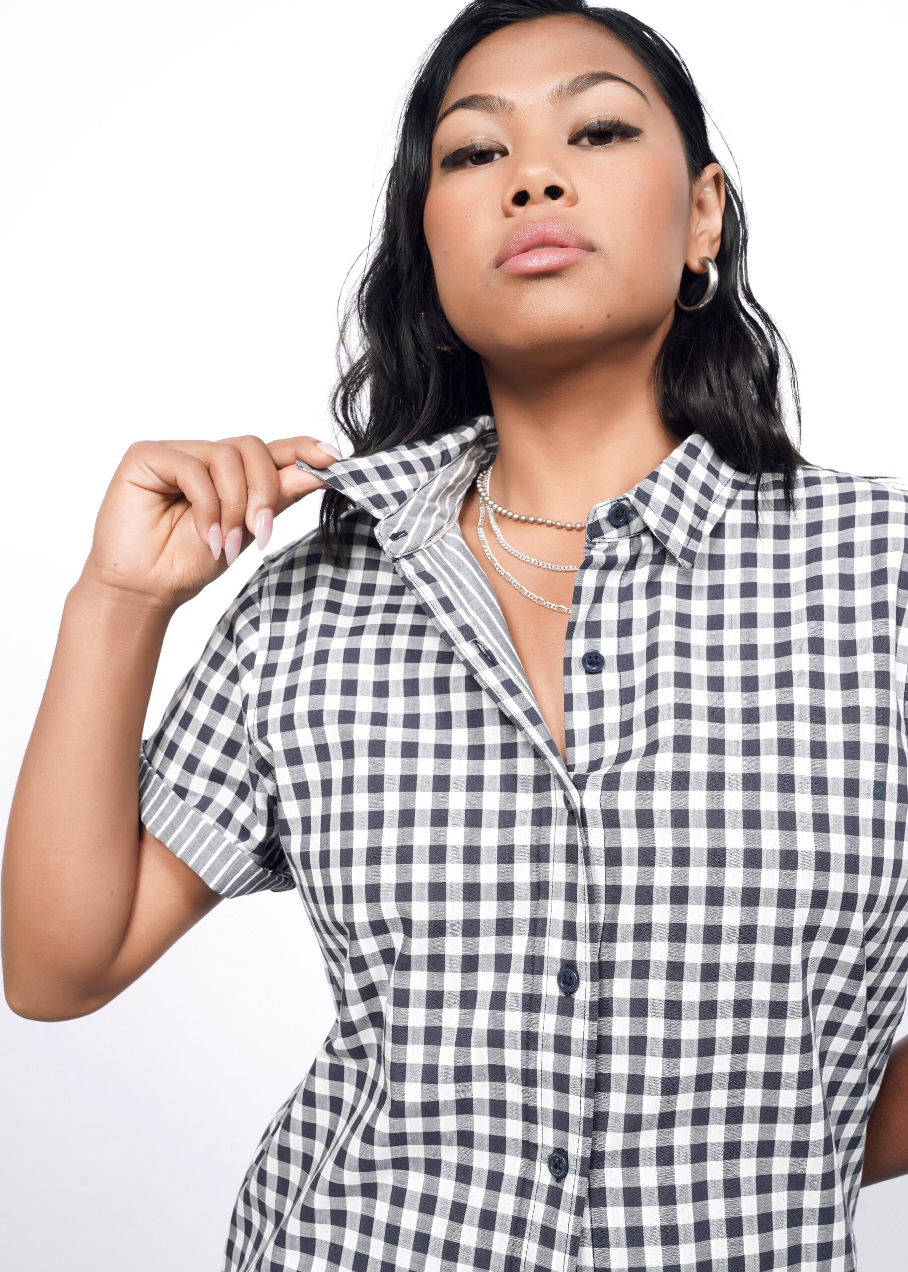 Model wearing The Essential Gingham Button Up in Check Navy