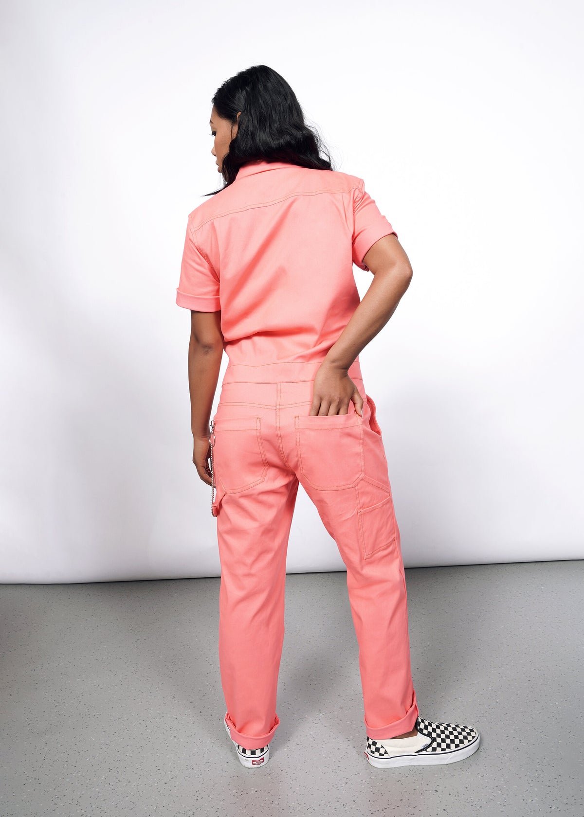 Model wearing The Essential Coverall in Watermelon