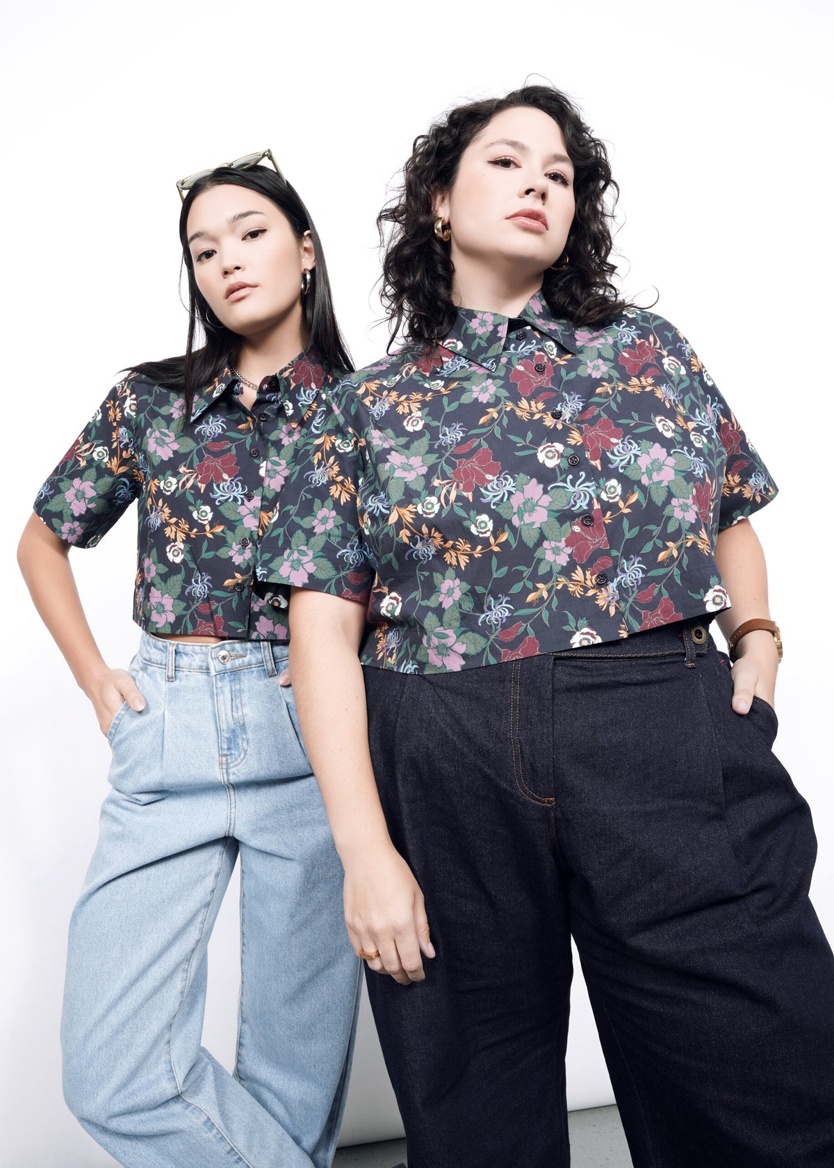 The Essential Cropped Button Up in Wildflower Navy
