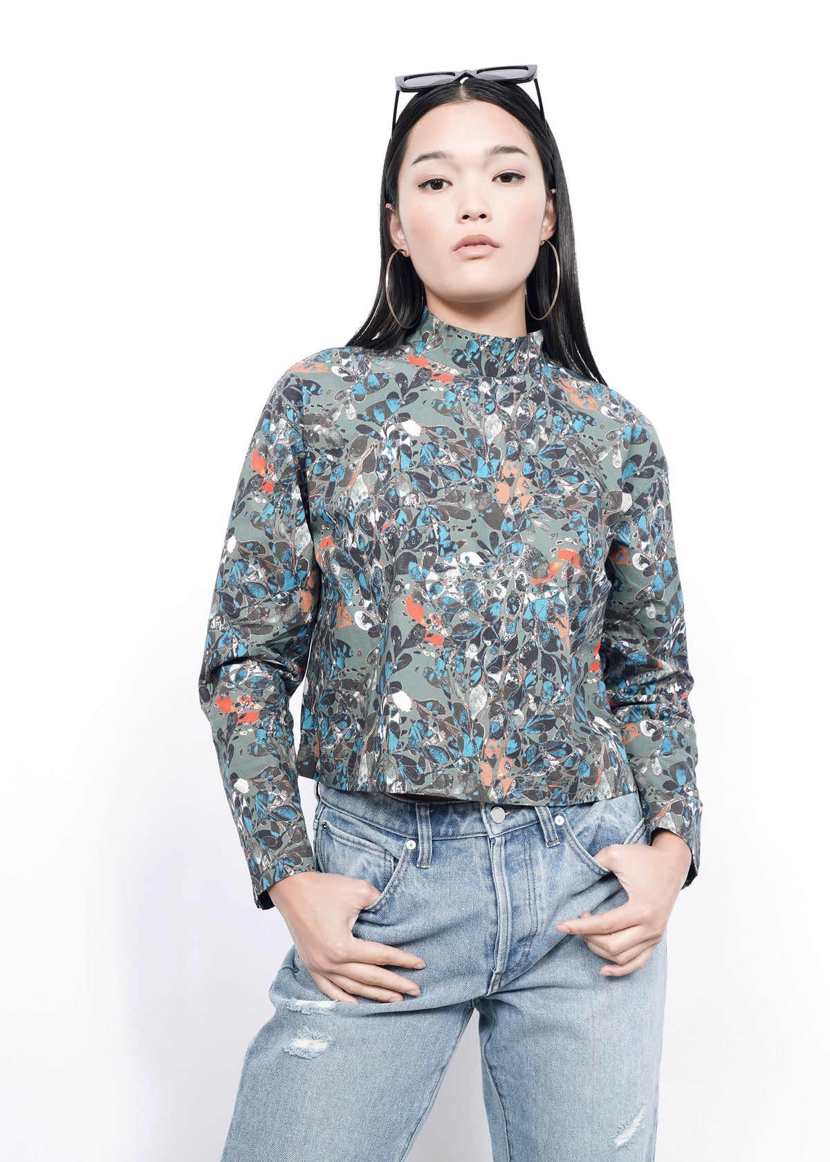 The Essential Long Sleeve Boxy Mock Neck Top in Abstract Flora