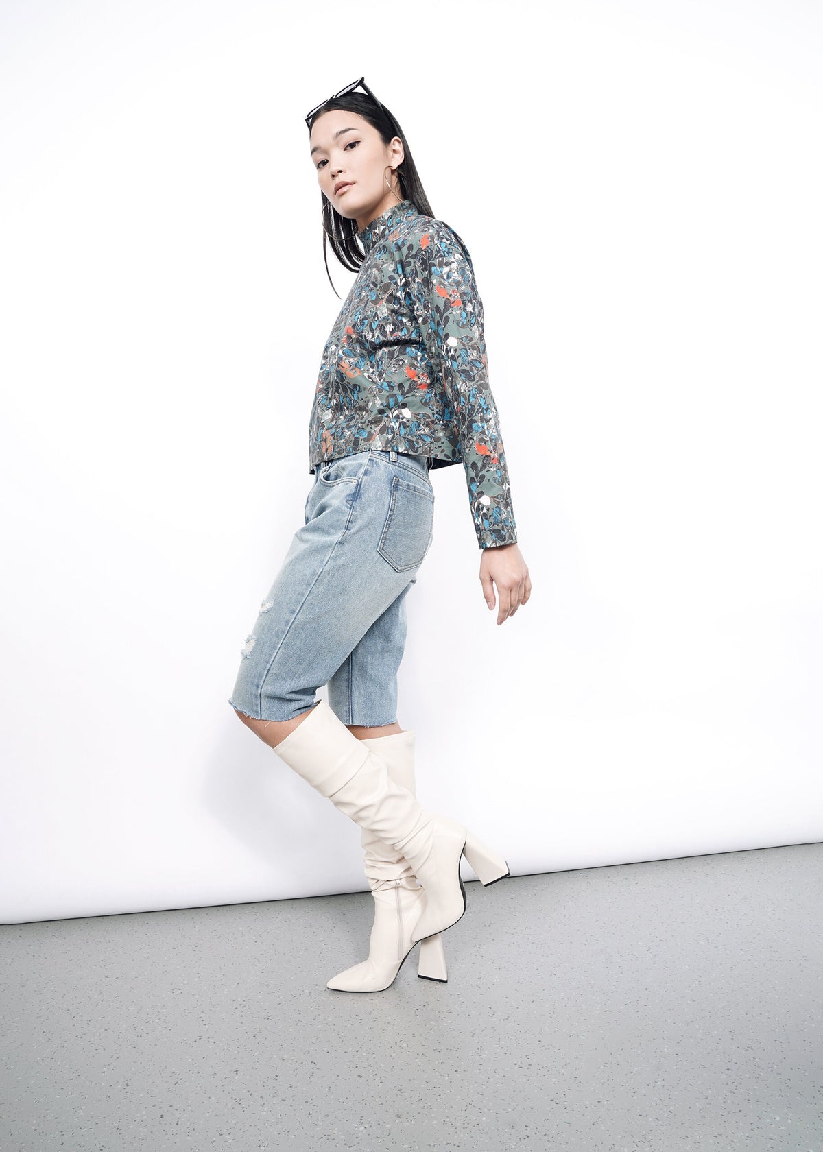 The Essential Long Sleeve Boxy Mock Neck Top in Abstract Flora