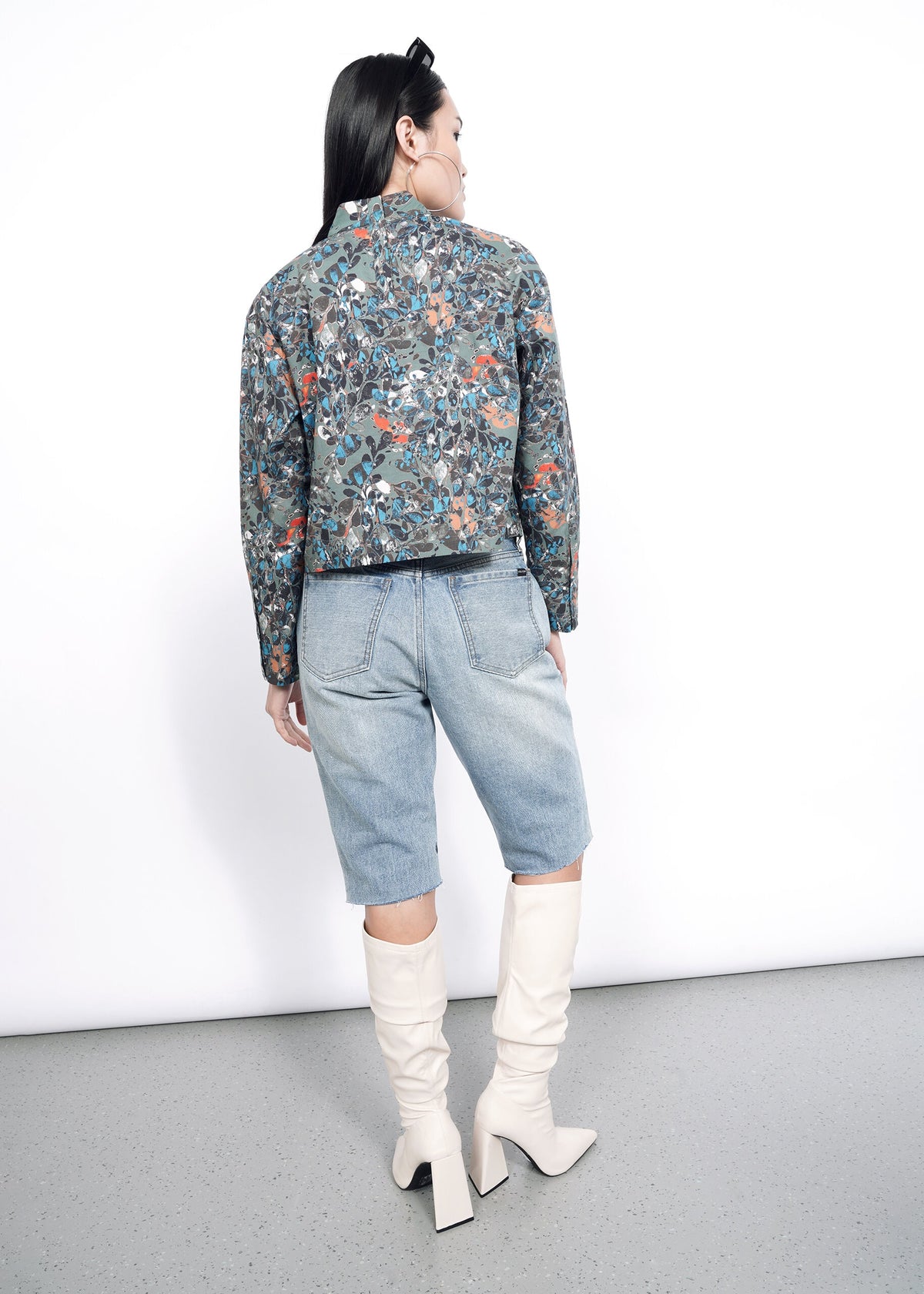 The Essential Long Sleeve Boxy Mock Neck Top in Abstract Flora