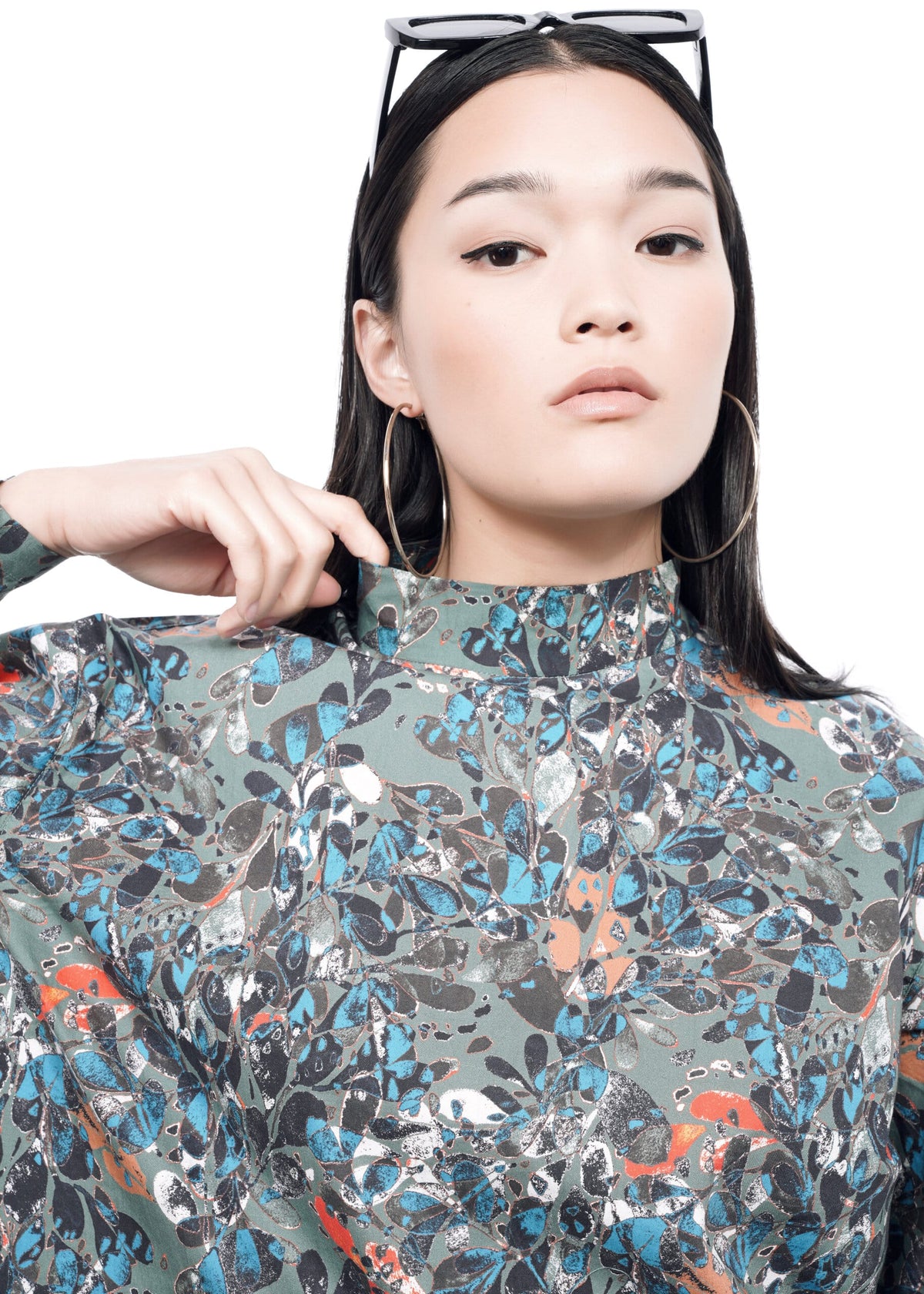 The Essential Long Sleeve Boxy Mock Neck Top in Abstract Flora