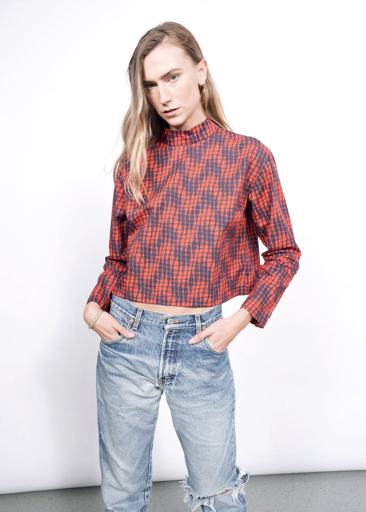 The Essential Long Sleeve Boxy Mock Neck Top in Wavy Plaid Chili