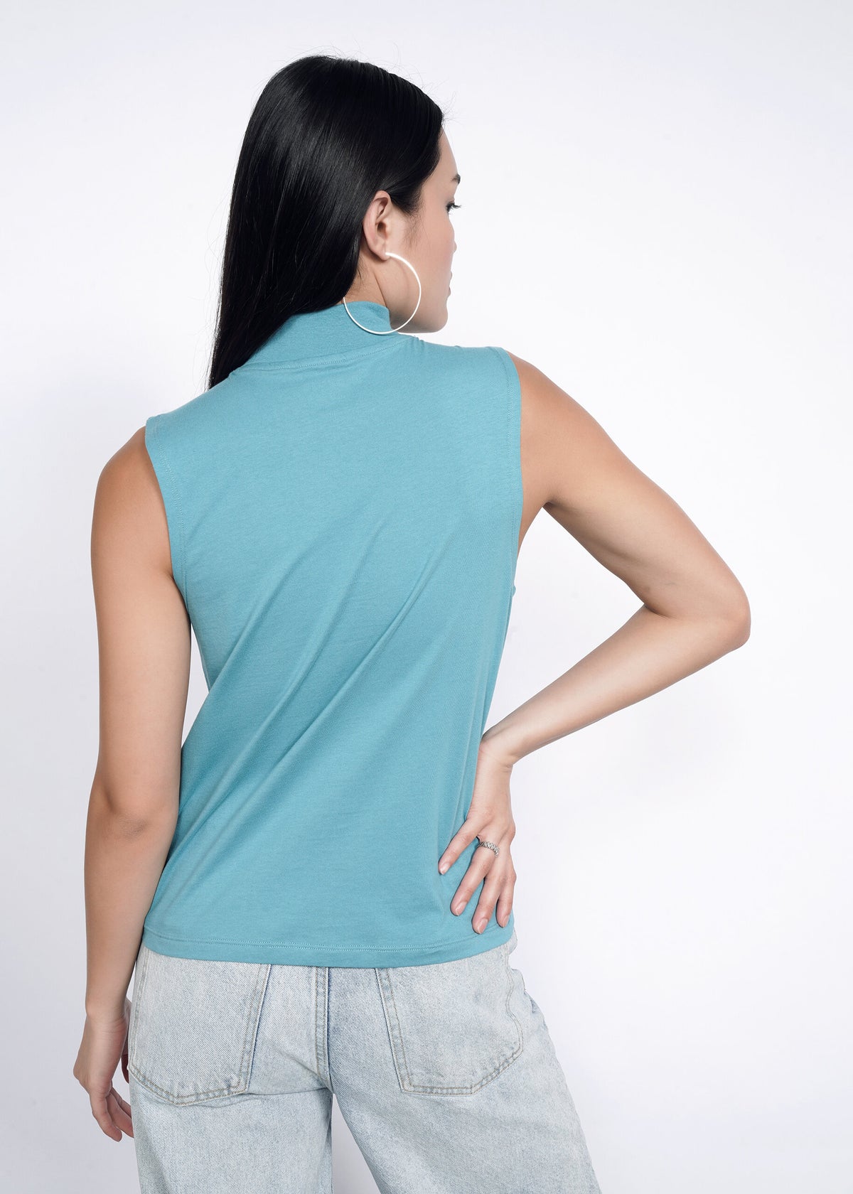 Back shot of The Essential Mock Neck Tank in Coastal